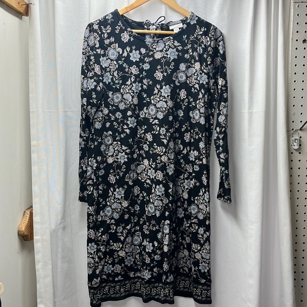 J Jill Black Blue Purple Floral Tie Back Long Sleeve‎ Dress- M